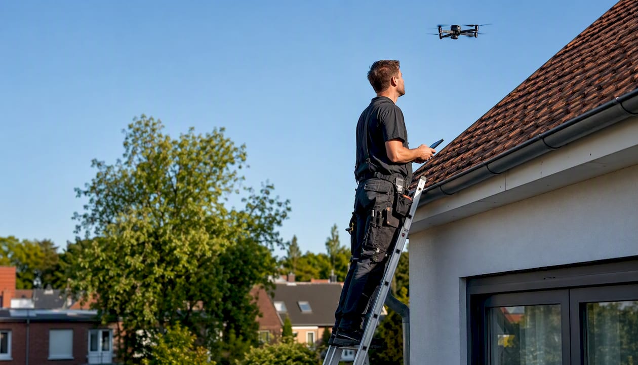 Ein Dachdecker überprüft das Dach mithilfe einer Drohne.