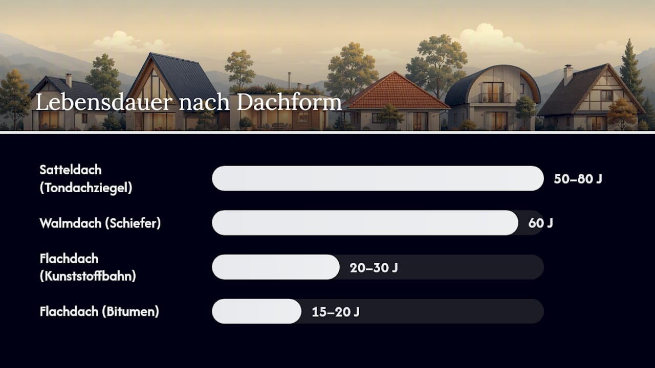 Übersicht der verschiedenen Dacharten im Vergleich: Kosten, Haltbarkeit und Pflegeaufwand auf einen Blick.