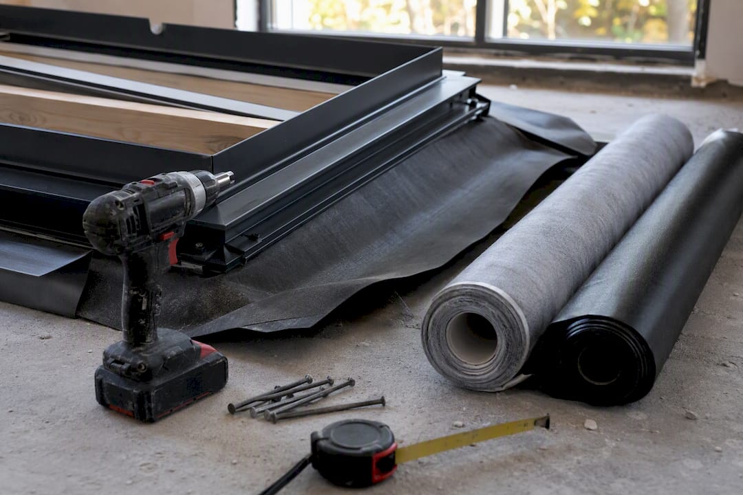 Nahaufnahme von Werkzeugen und Materialien zur Dachfensterinstallation
