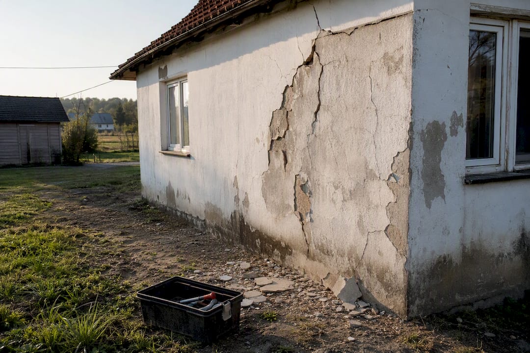 Beschädigte Fassade mit Rissen und abblätterndem Putz