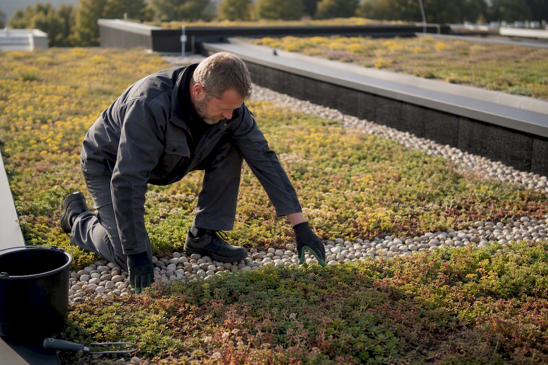 Fachkraft überprüft Sedum auf dem Gründach