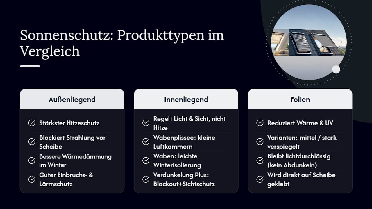 Vergleich unterschiedlicher Sonnenschutzsysteme für Dachfenster