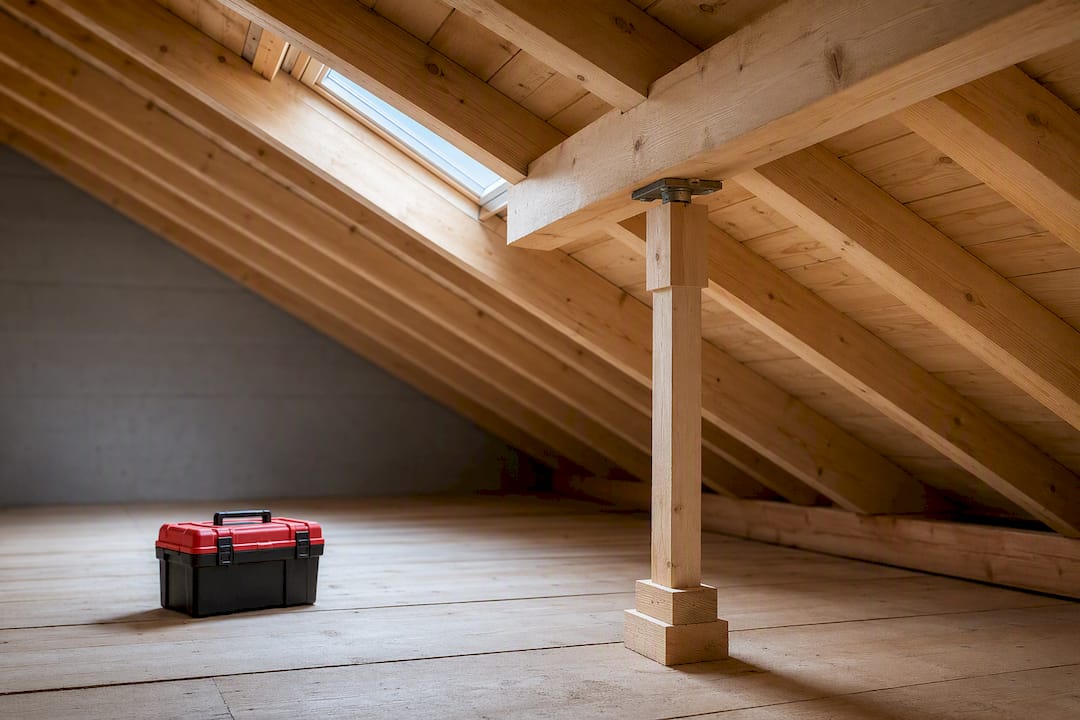 Vorübergehende Holzstütze unter der Dachkonstruktion