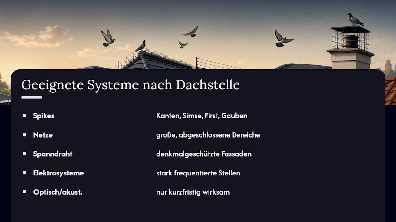 Welche Taubenabwehr eignet sich für welche Dachstelle? — overview diagram