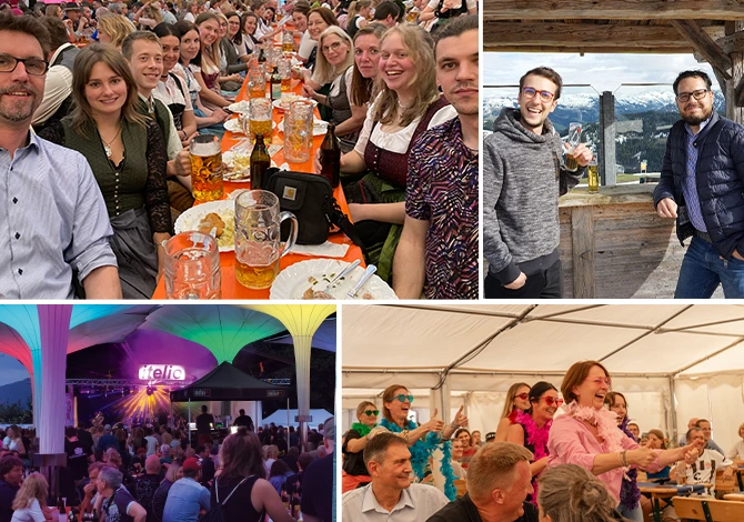 Collage of pictures of employees enjoying time together on various occasions.