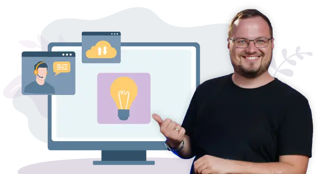 Ein Mitarbeiter vor einer Grafik mit angedeuteten Angeboten von itelio GmbH.