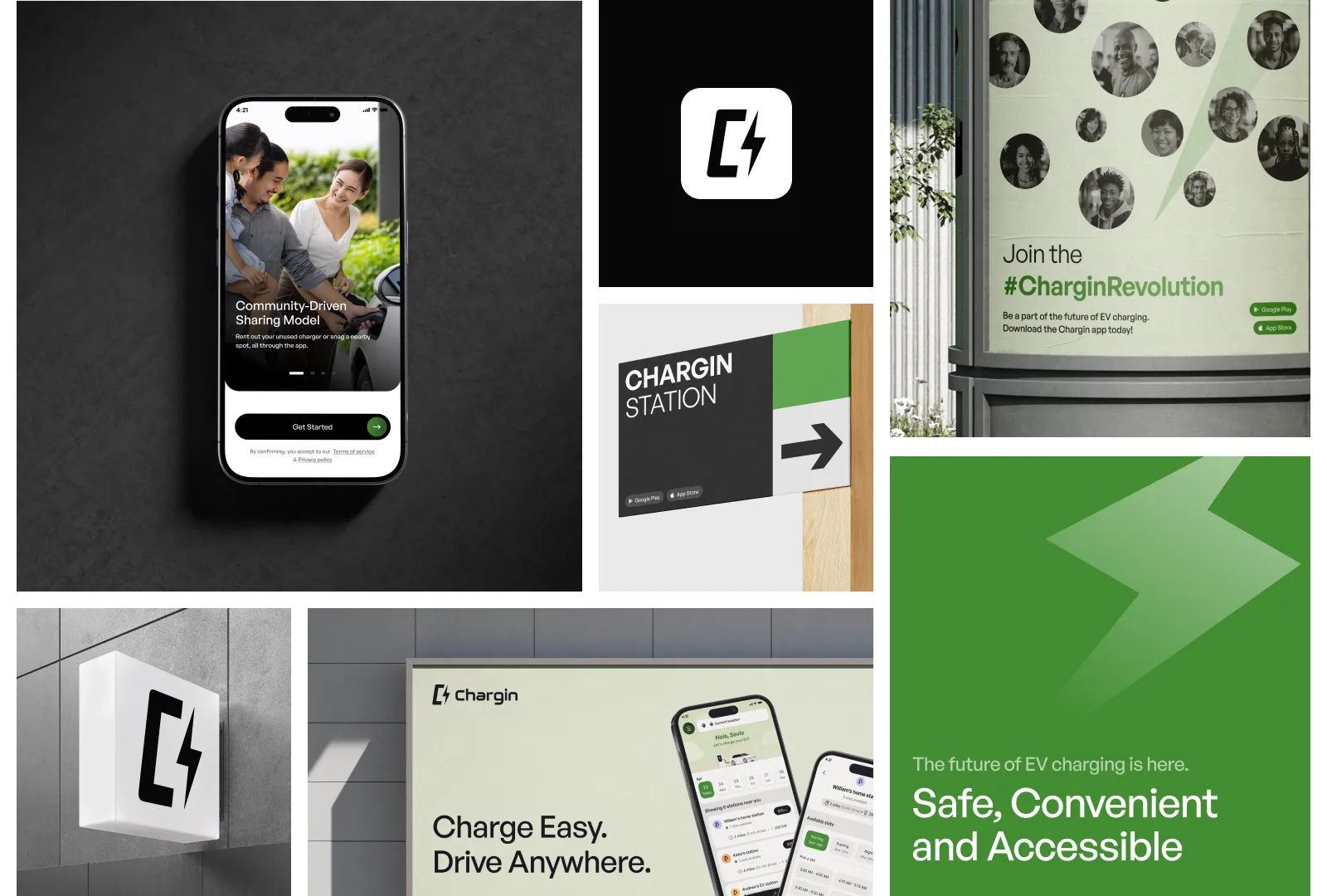 Collage showing Chargin EV charging app on phone, logos, station sign, and promotional ads.