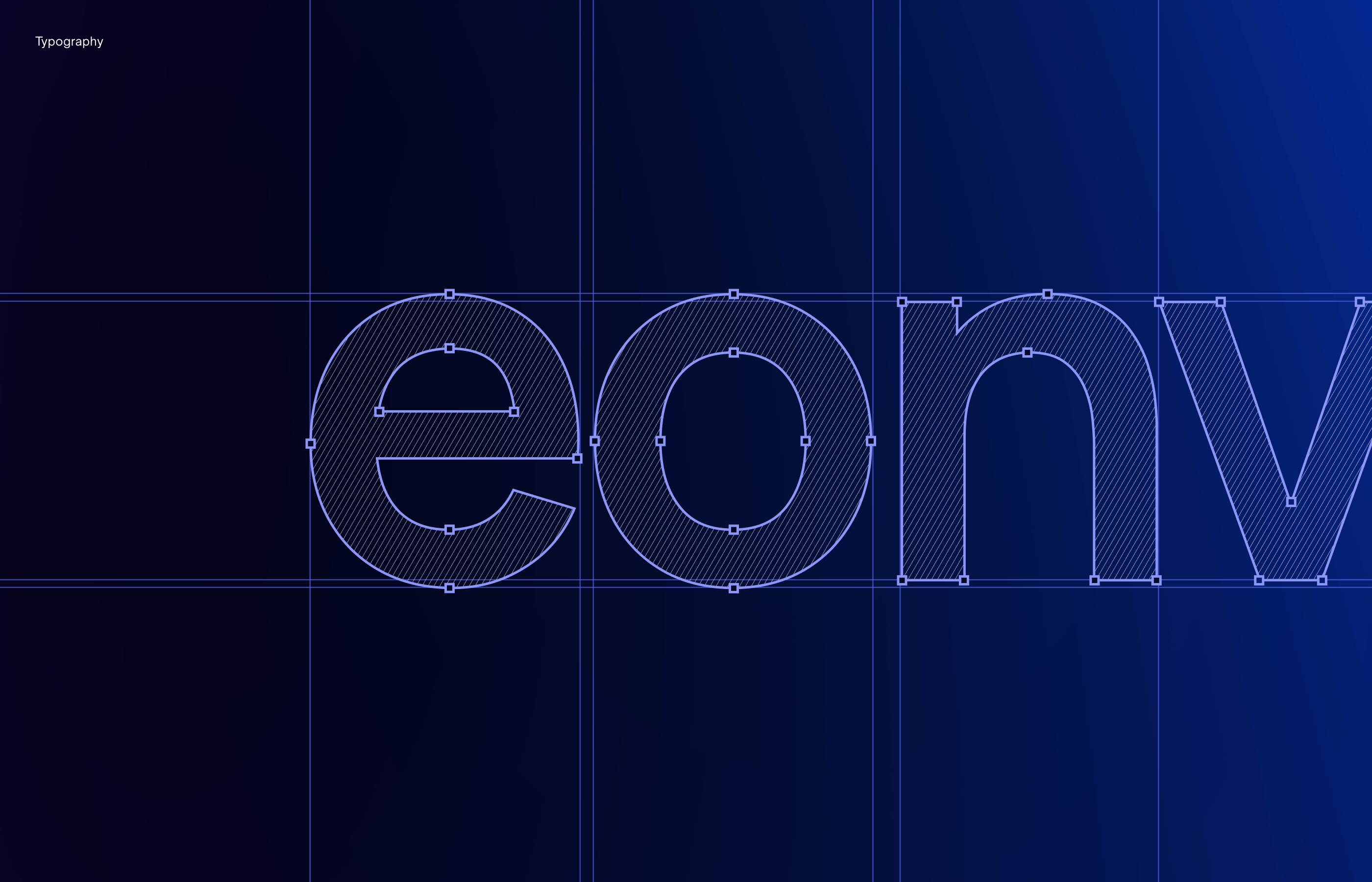 Close-up of typography design showing outlines and anchor points of letters on a dark blue background.