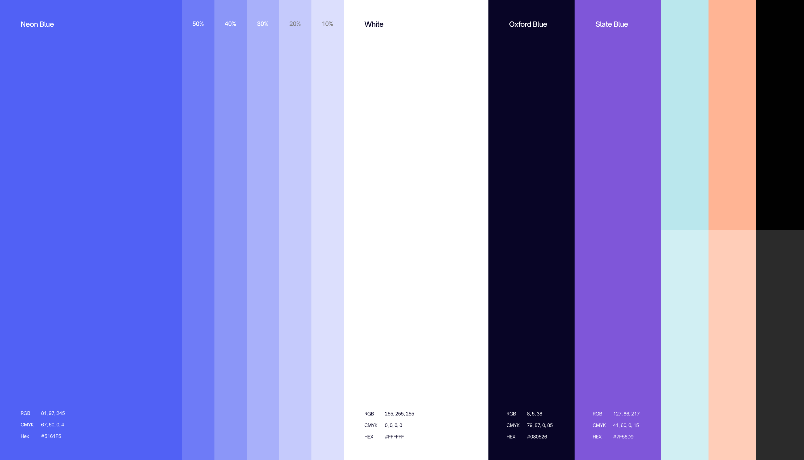 Color palette with Neon Blue shades, White, Oxford Blue, Slate Blue, light blue, peach, and black blocks.