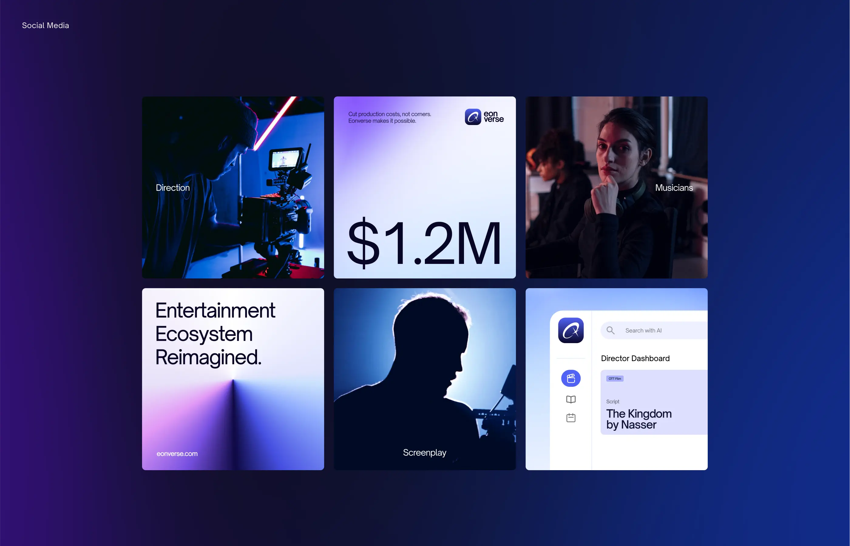 Grid with images of filmmakers, musicians, screenplay silhouette, and text on entertainment ecosystem and $1.2M.