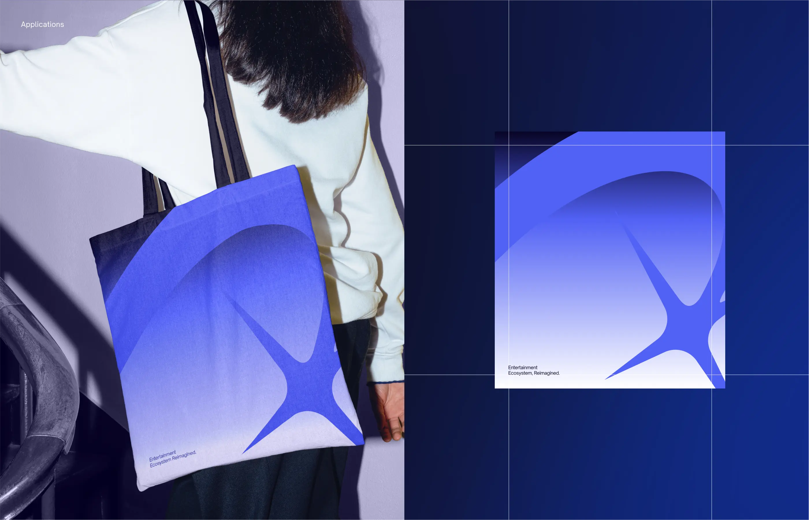 Person carrying a blue tote bag with abstract design and text 'Entertainment Ecosystem Reimagined.'