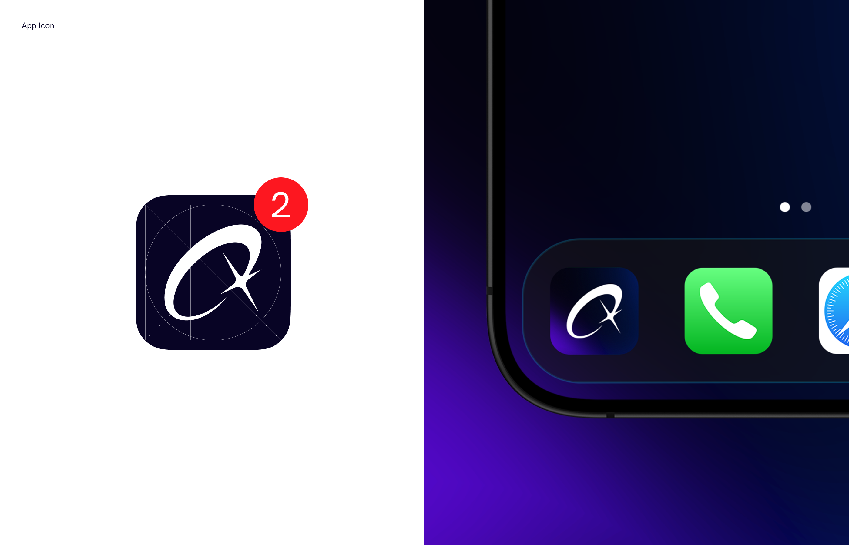 App icon with a white stylized oval and star on dark background, showing 2 unread notifications on a phone screen.