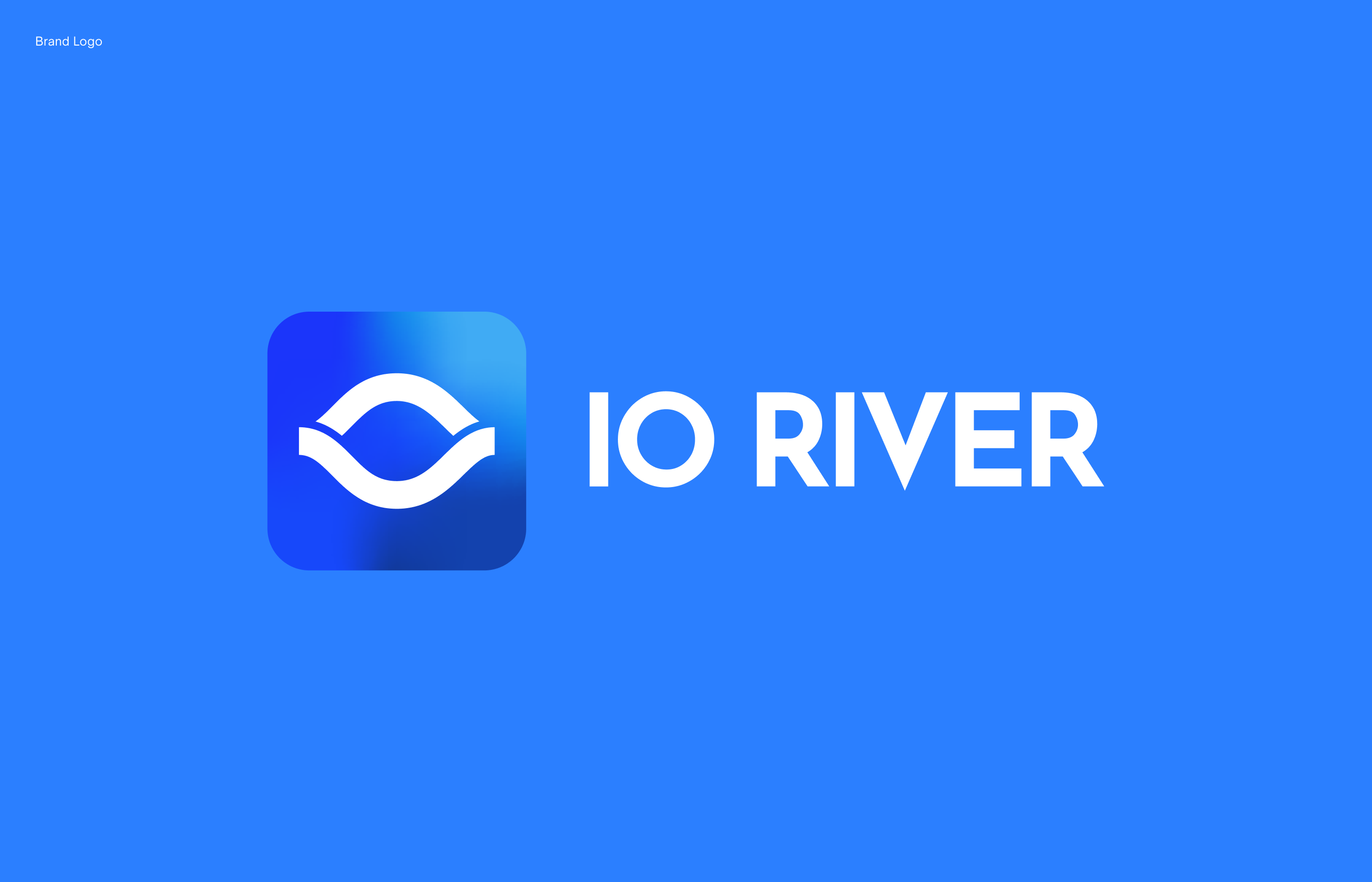 White stylized wave logo next to the text IO RIVER on a blue background.