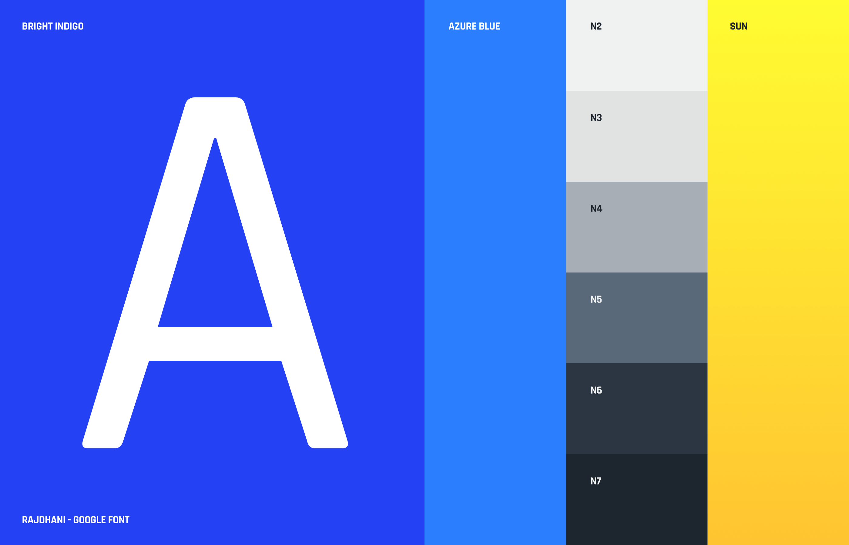Large white letter A in Rajdhani font on bright indigo background with blue, gray, and yellow color swatches on right.