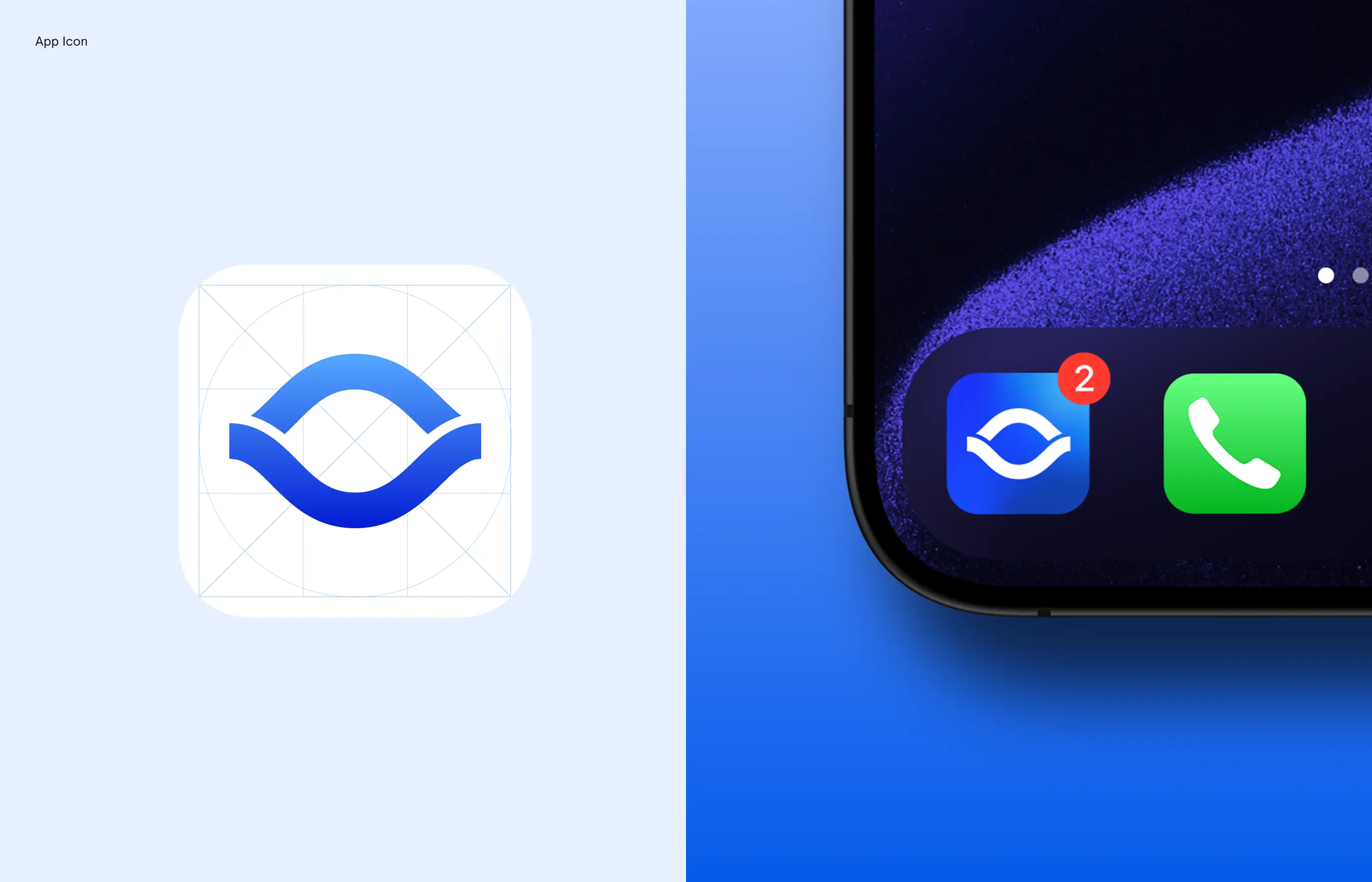 Blue app icon with two curved lines, shown on a phone screen with a notification badge.