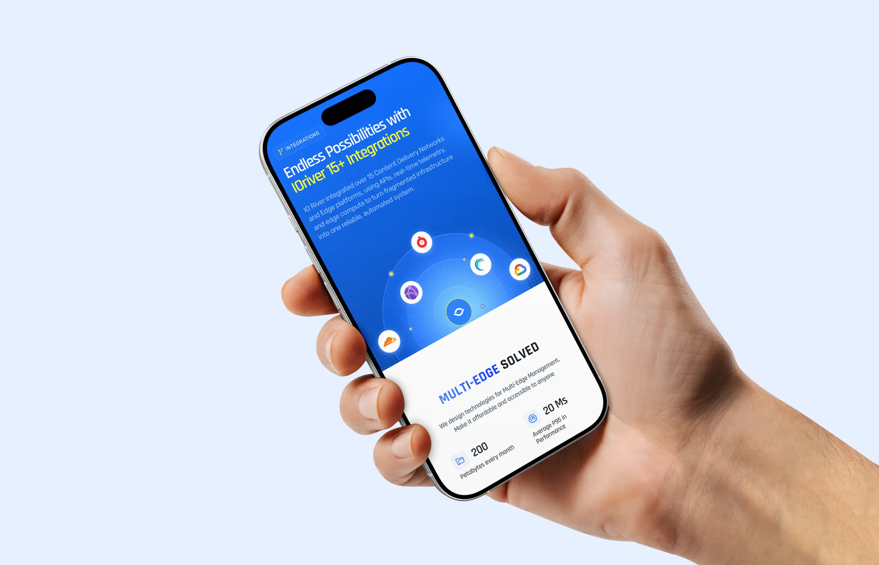 Hand holding smartphone displaying a blue screen about IO River's 15+ integrations and multi-edge solution.