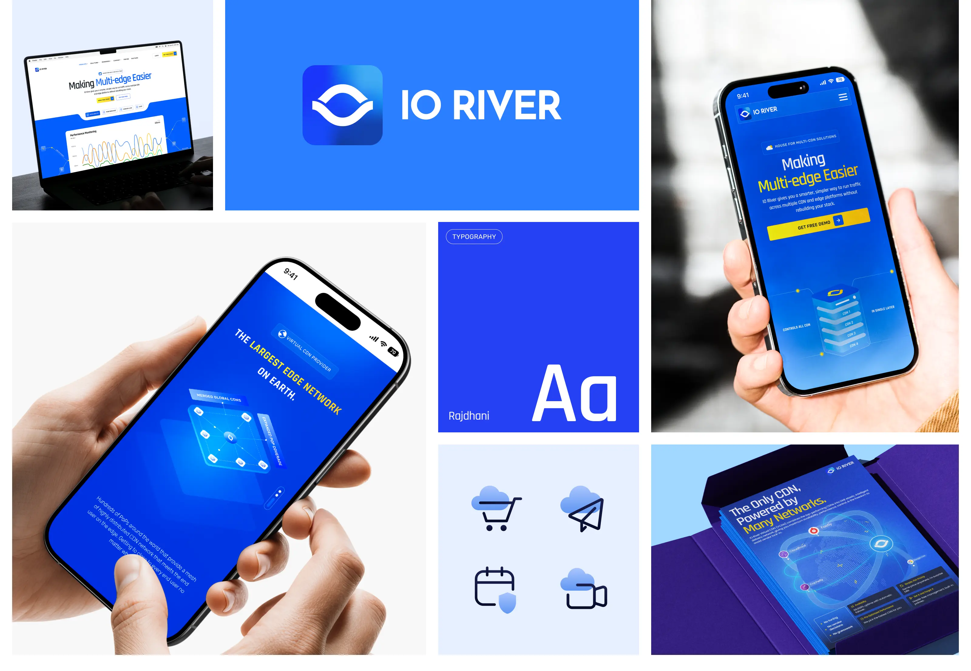 Collage showcasing IO River app on devices, logo, typography, icons, and printed marketing material.