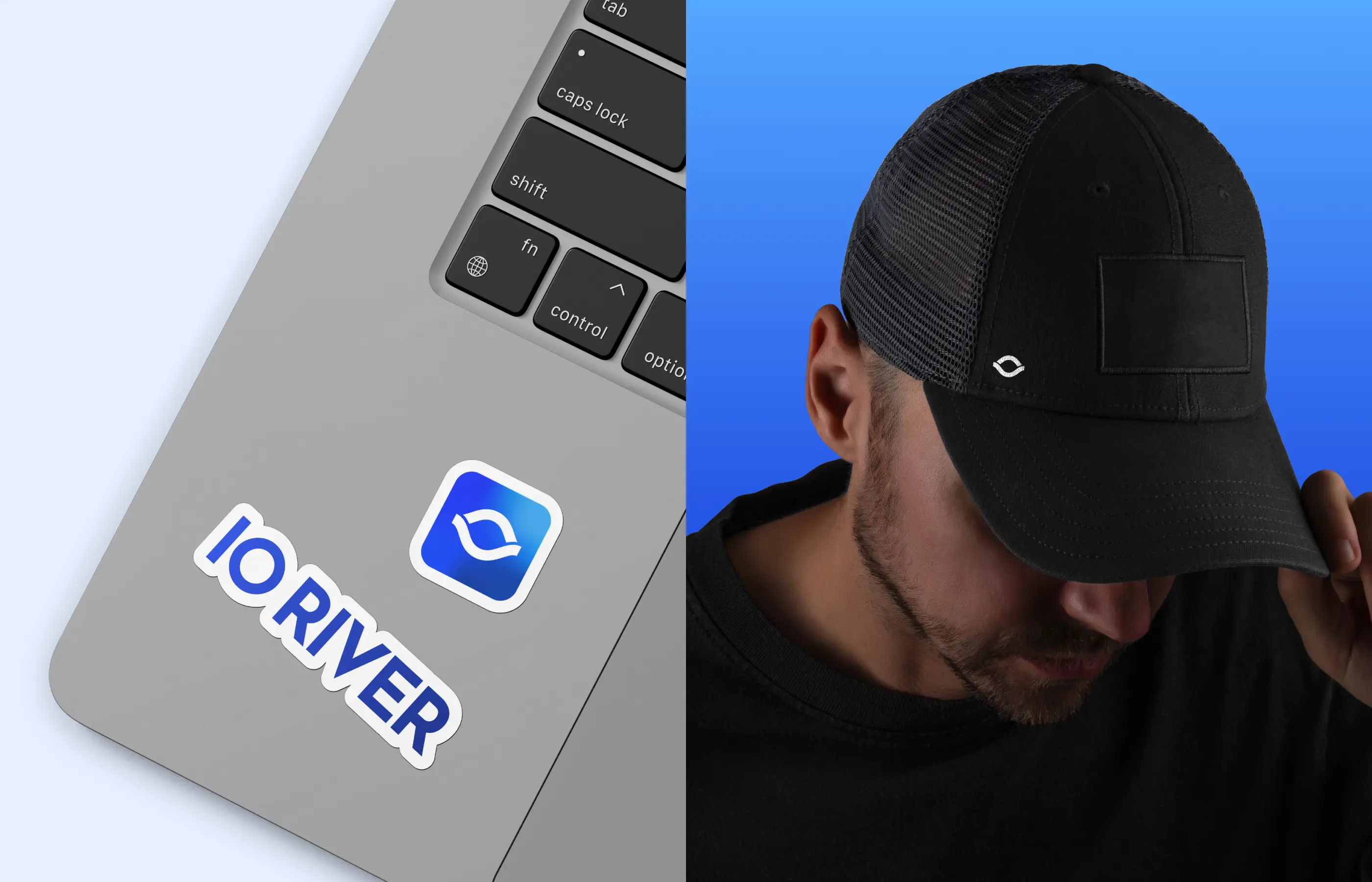 Laptop corner with IO RIVER stickers on keyboard deck and man wearing black cap with matching logo.