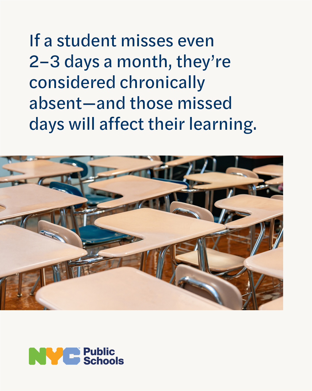 Photo of two chairs and a bookshelf. Text reads, “Every day in the classroom counts.” N Y C Public Schools logo. 