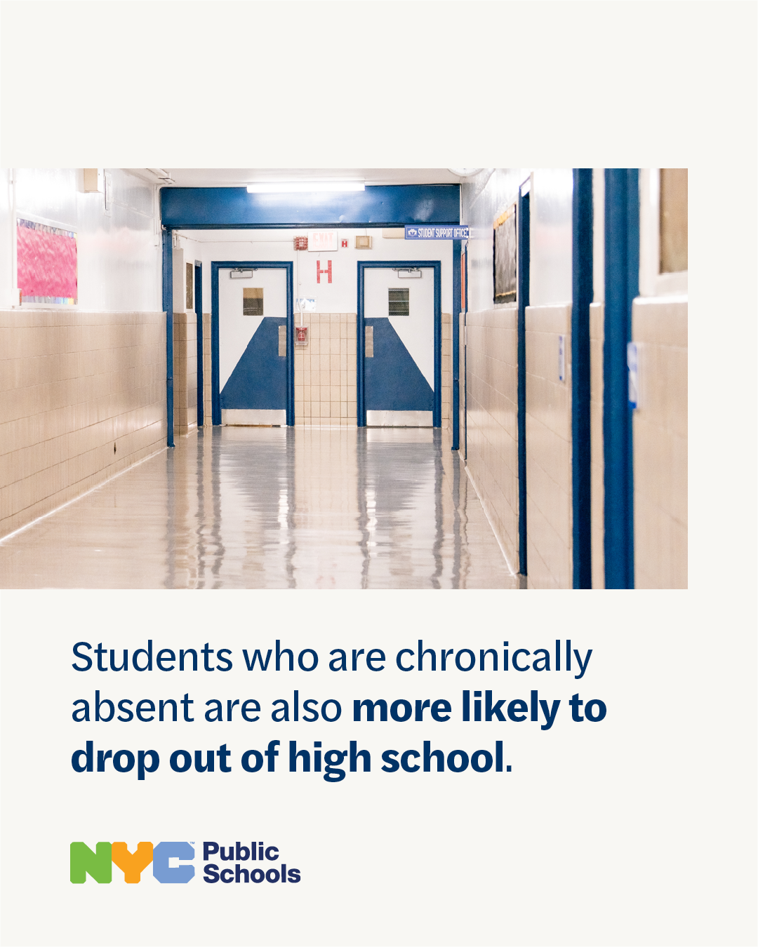 Photo of two chairs and a bookshelf. Text reads, “Every day in the classroom counts.” N Y C Public Schools logo. 