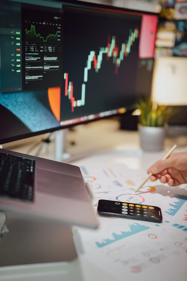 Currencies and finance. Stock exchange. Calculator on the table