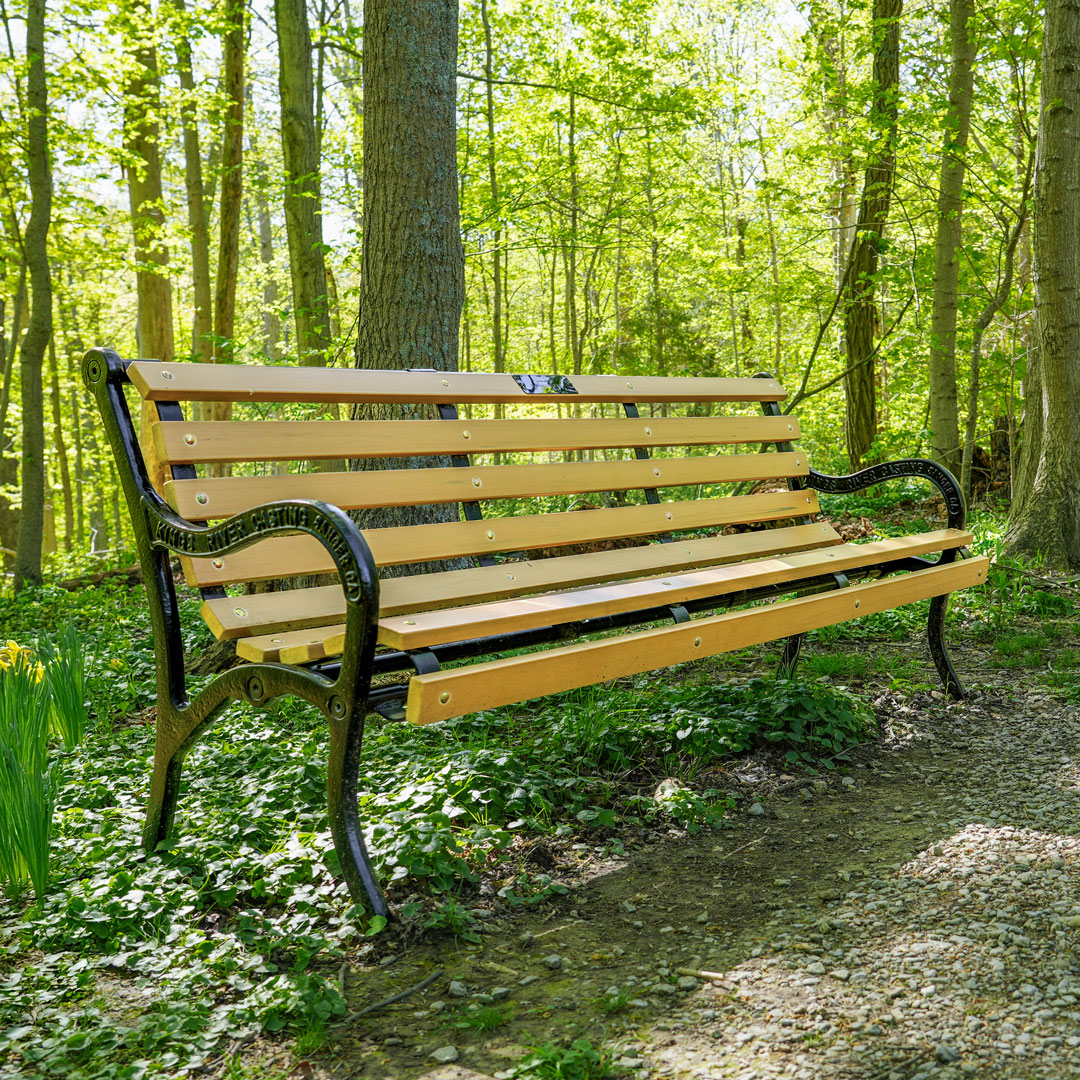 Our trail benches feature a black iron frame with light brown slats made from recycled plastic.