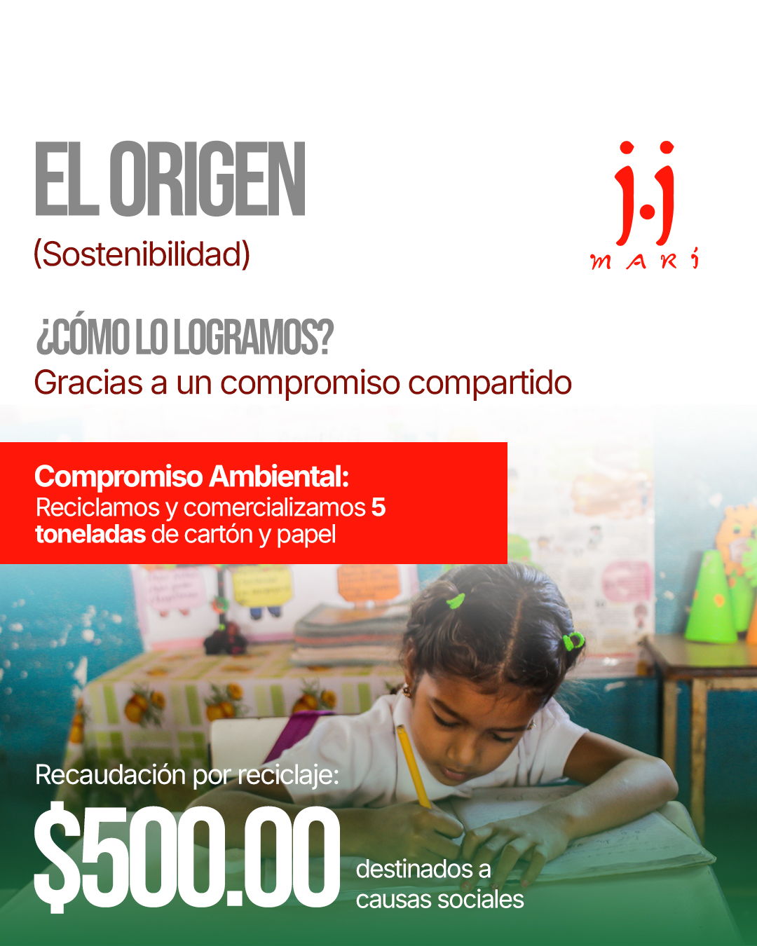Compromiso Ambiental, 5 toneladas de cartón y papel recicladas. Recaudación por reciclaje $500