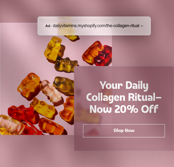 Gummy vitamins on a pink background with text offering 20% off a daily collagen ritual, shop now button.