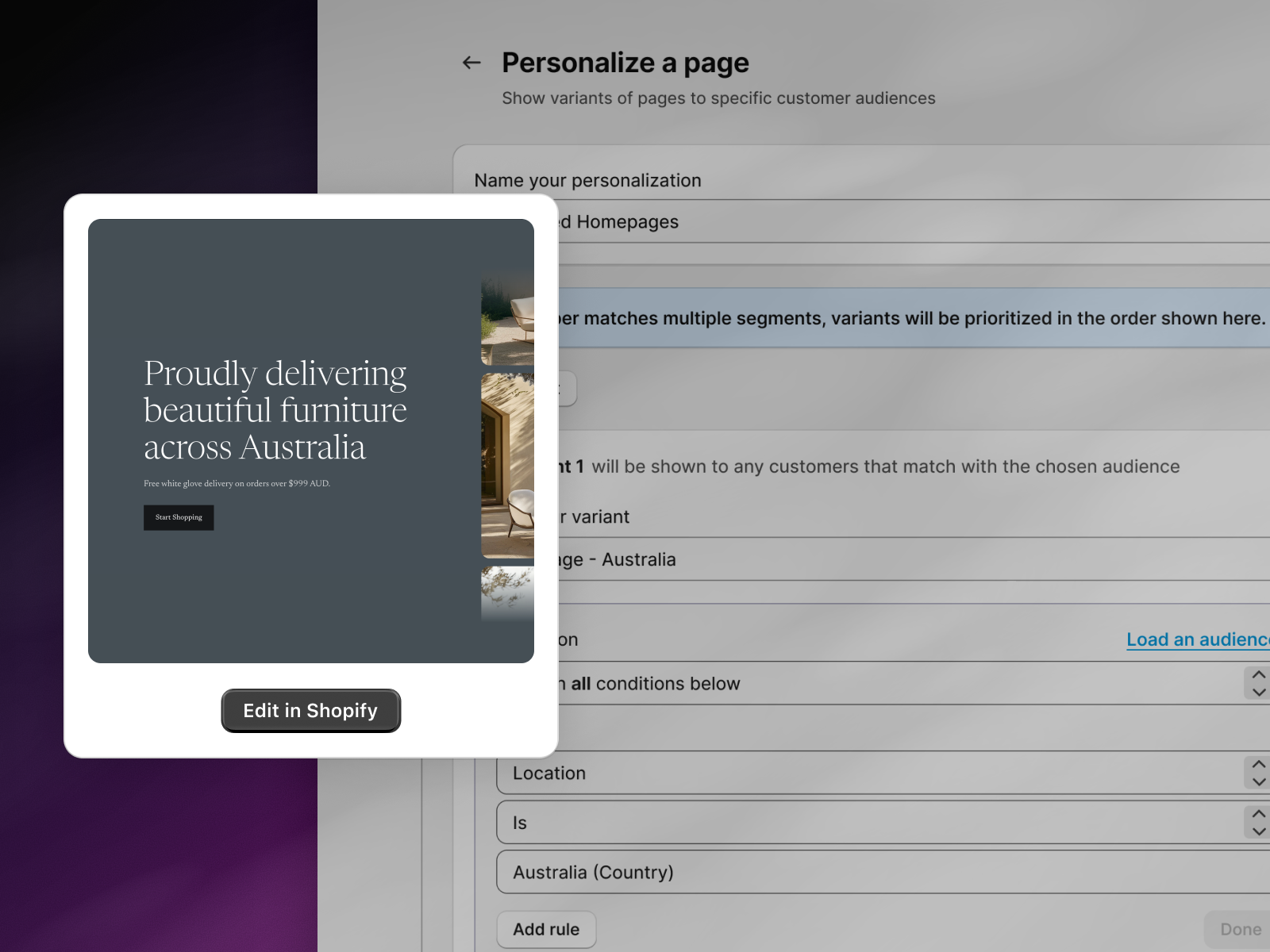 Shopify page editor showing a personalized page for delivering beautiful furniture across Australia.