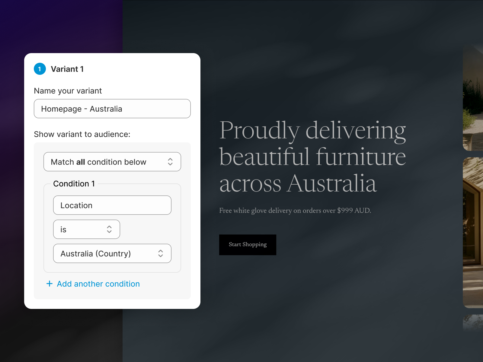 User interface showing variant settings for a homepage targeting Australia with delivery promo text.