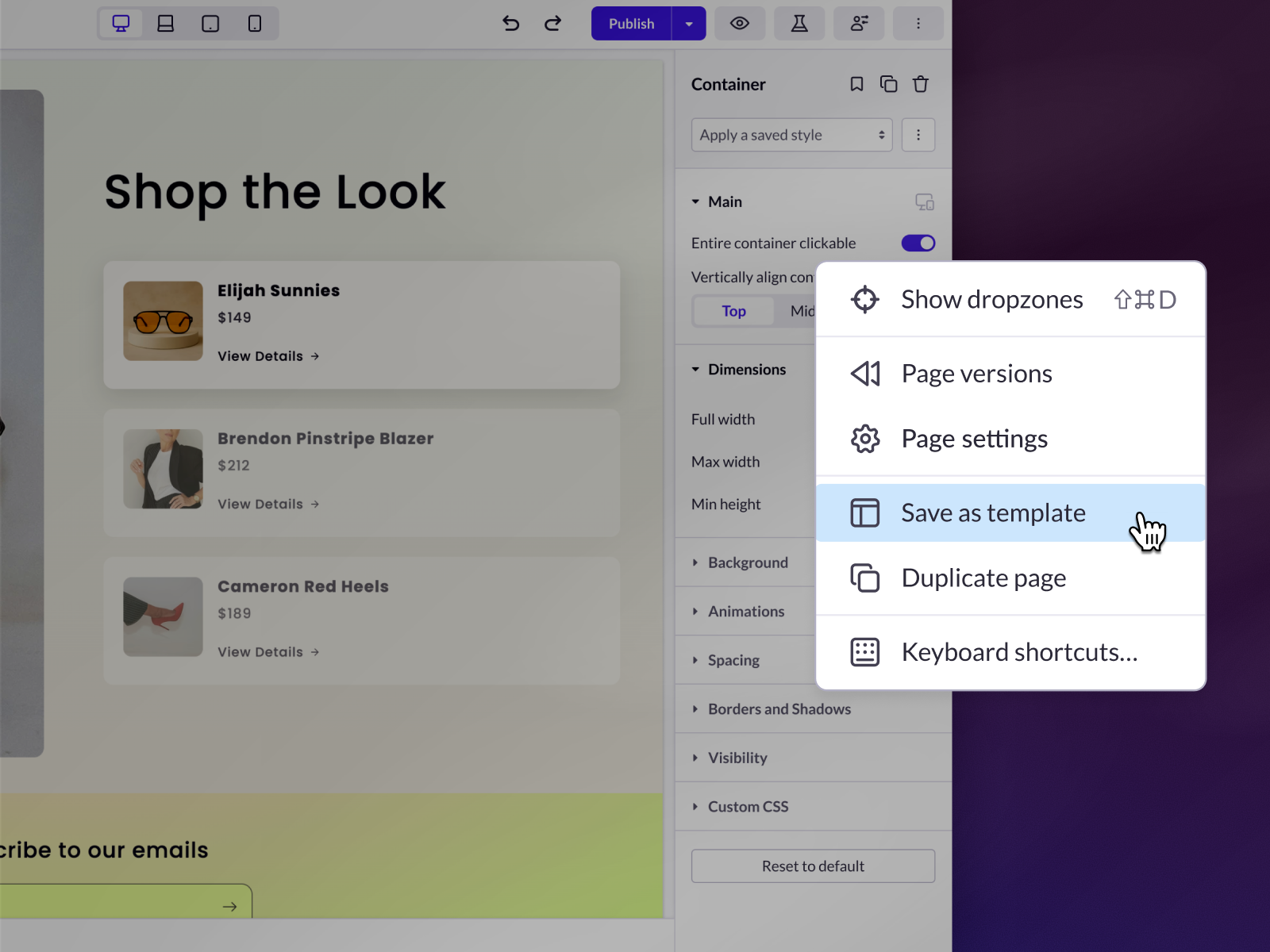 Page Builder interface showing a landing page within the visual editor and a menu with 'Save as template' option highlighted.