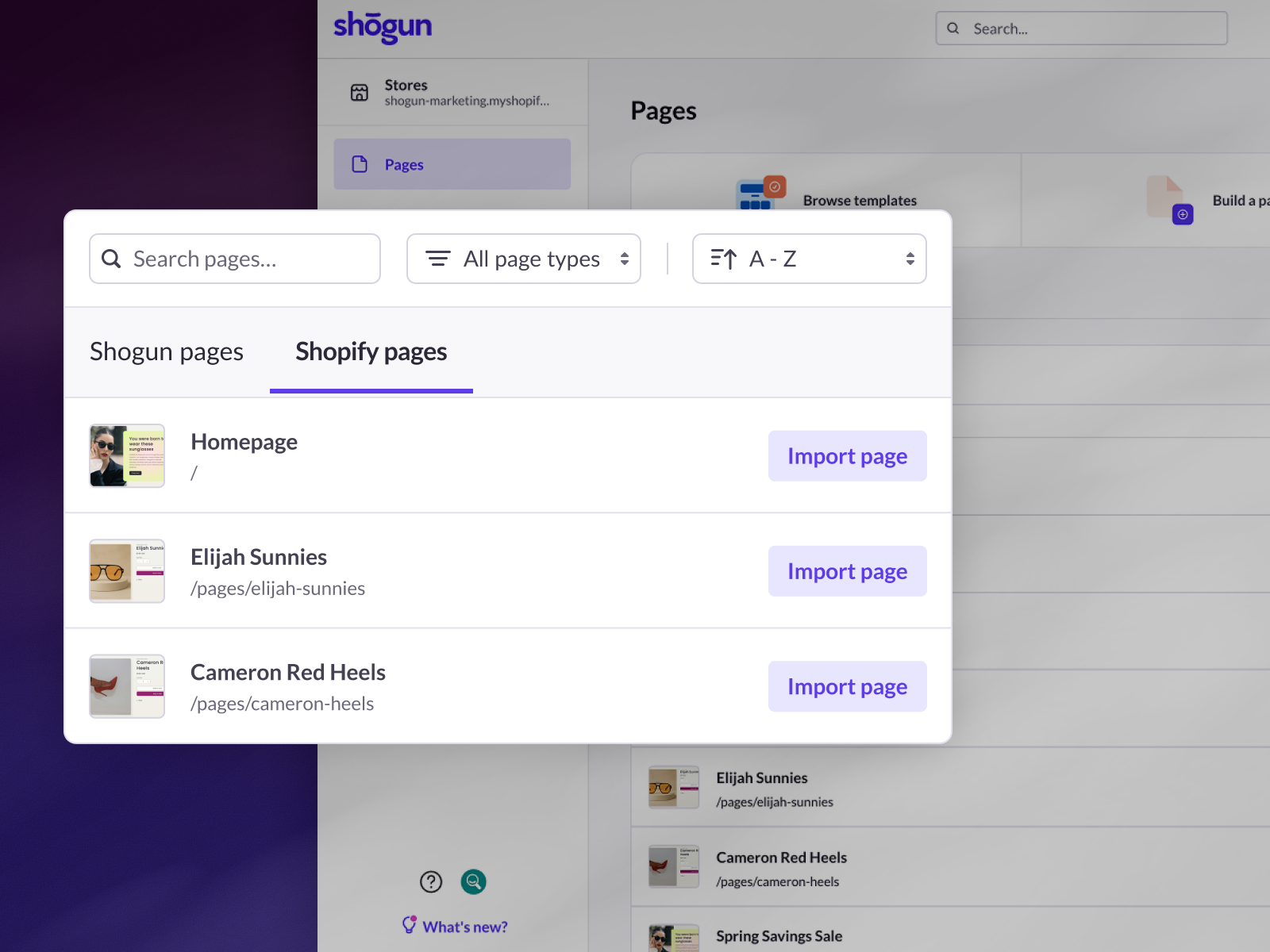 Shogun interface showing Shopify pages: Homepage, Elijah Sunnies, Cameron Red Heels with Import page buttons.