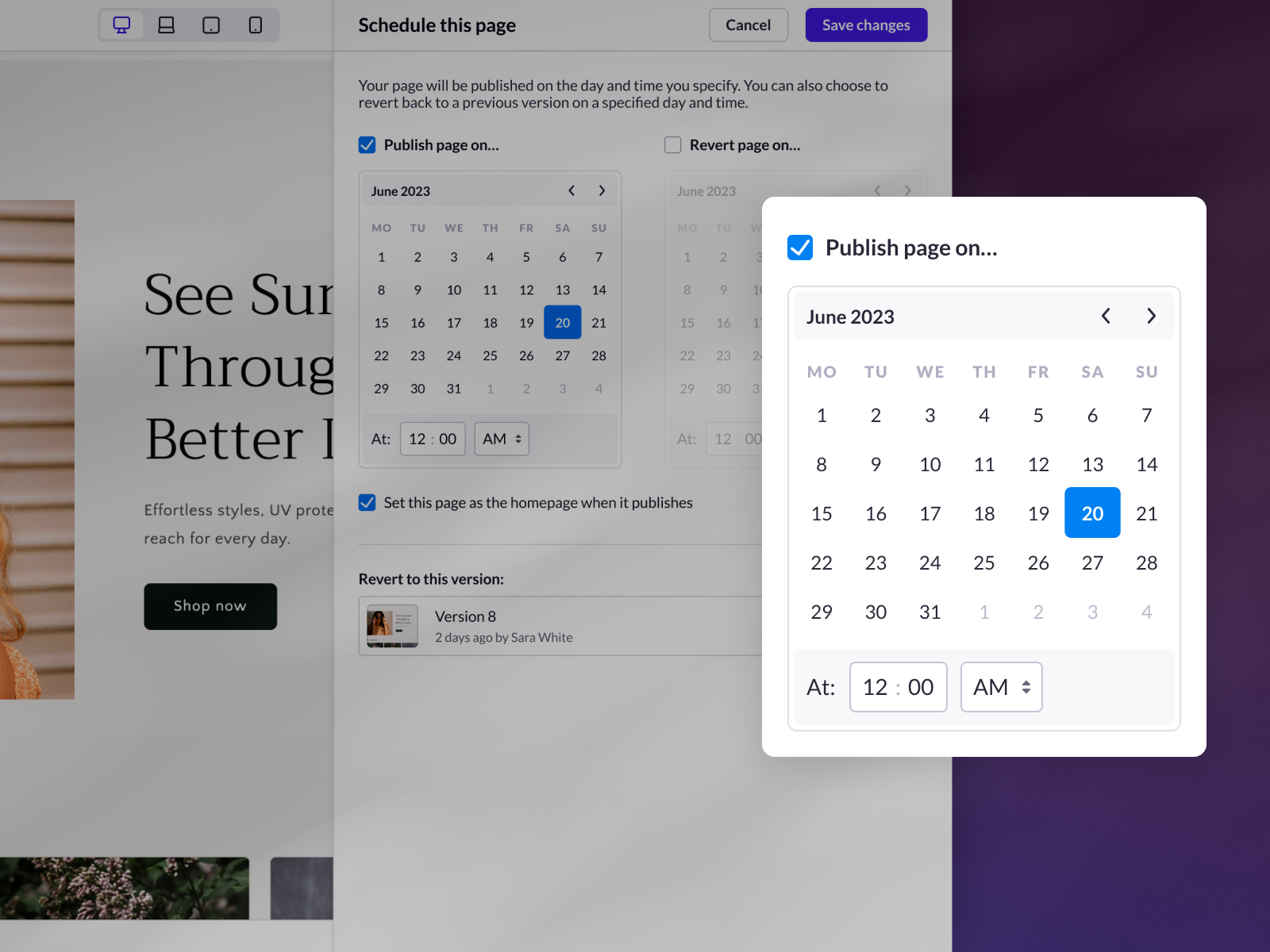 Page scheduling interface with calendar set to June 20, 2023, and time set at 12:00 AM.
