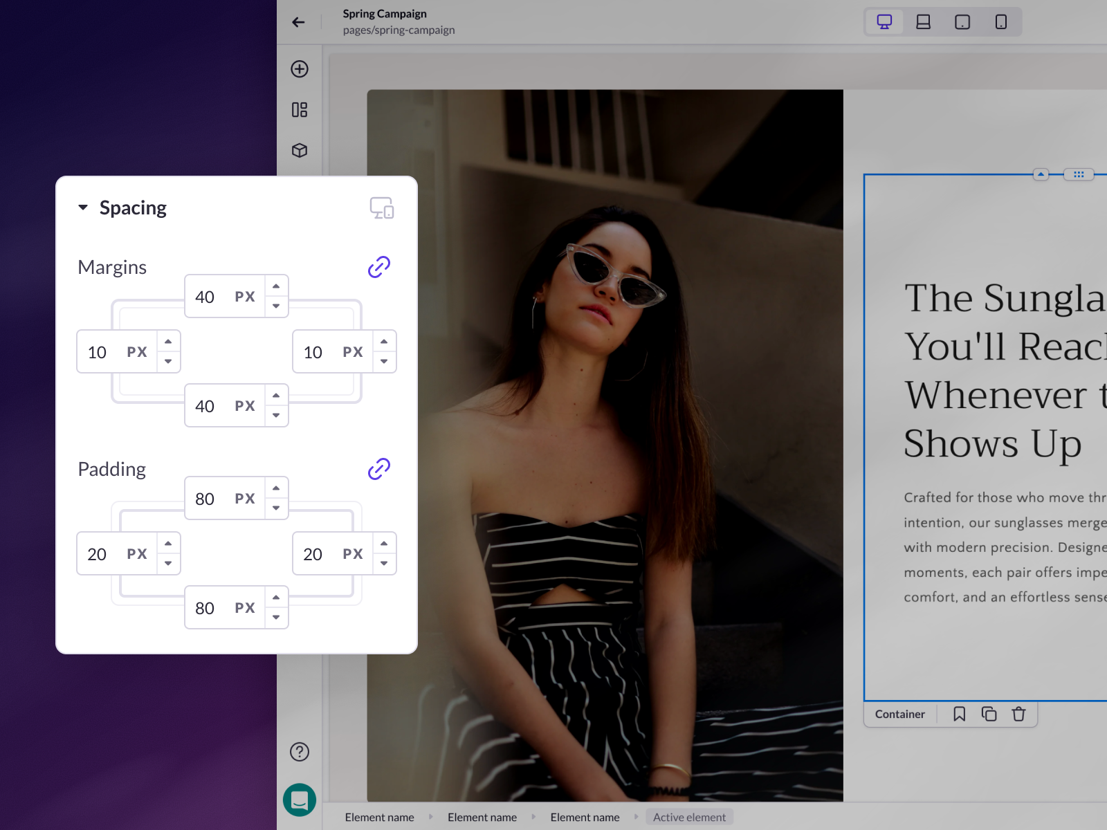 Landing page within Shogun's visual editor, featuring a woman wearing cat-eye sunglasses and a striped outfit, with an interface showing settings for spacing