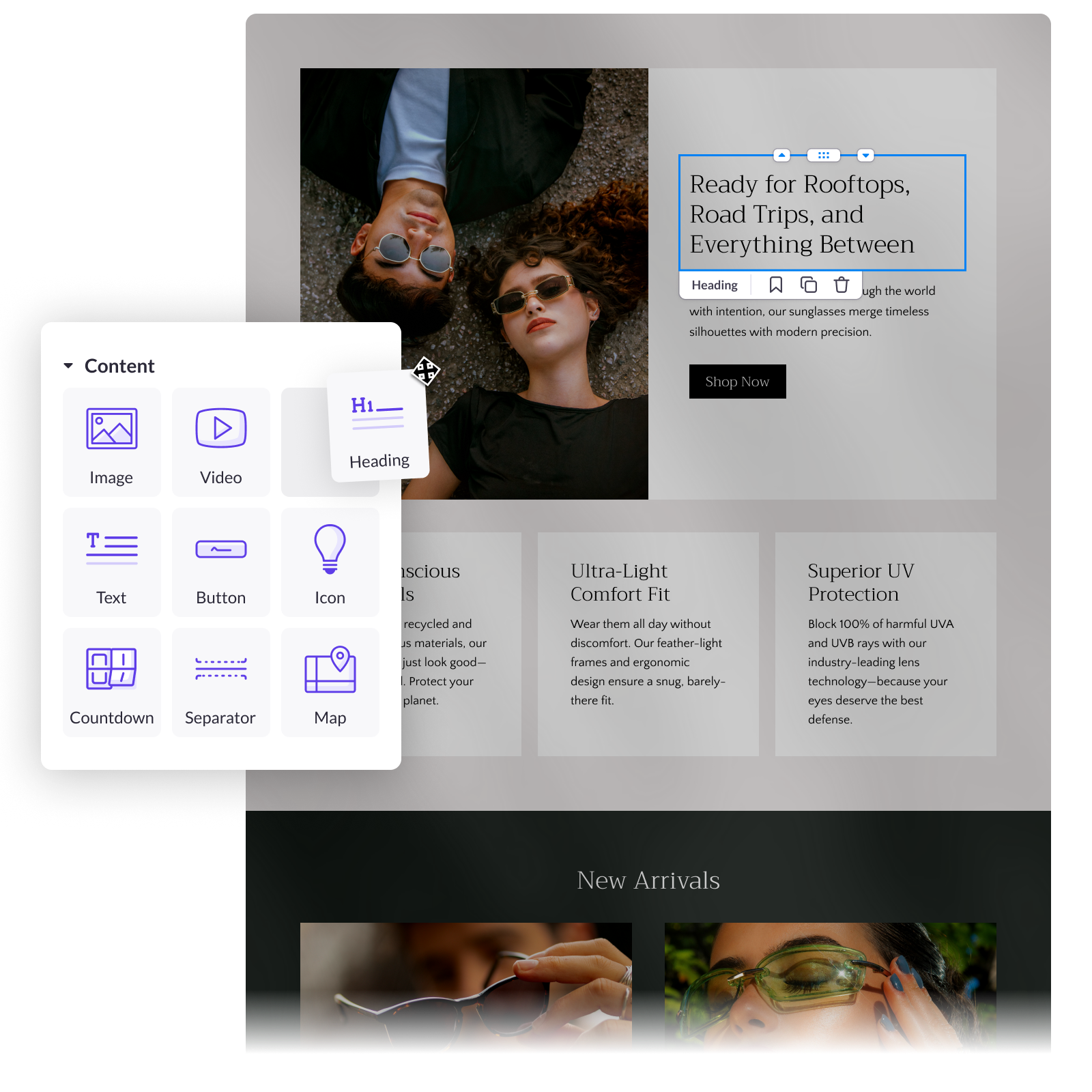 A landing page from a sunglasses brand with the Page Builder interface showing heading and content blocks.