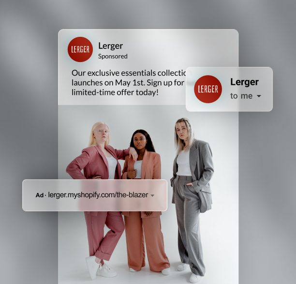 Three women in matching suits stand confidently in an ad for Lerger's essentials collection launch.