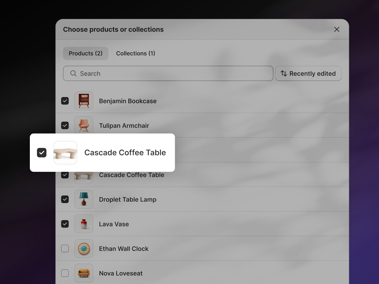 Product selection menu with items like Benjamin Bookcase, Tulipan Armchair, and Cascade Coffee Table checked.