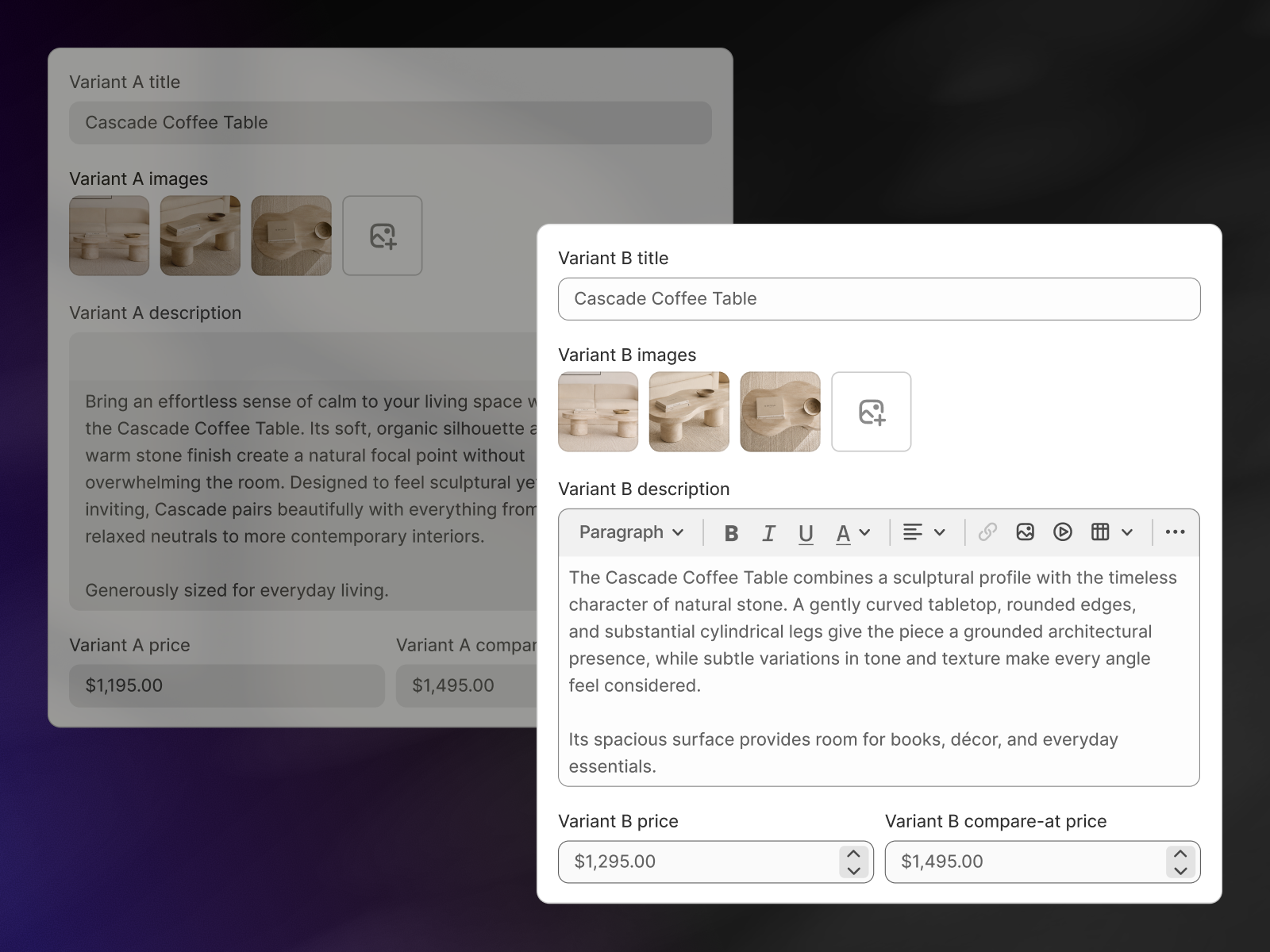 Screenshot of two product variant editing panels displaying Cascade Coffee Table info, images, description, and prices.
