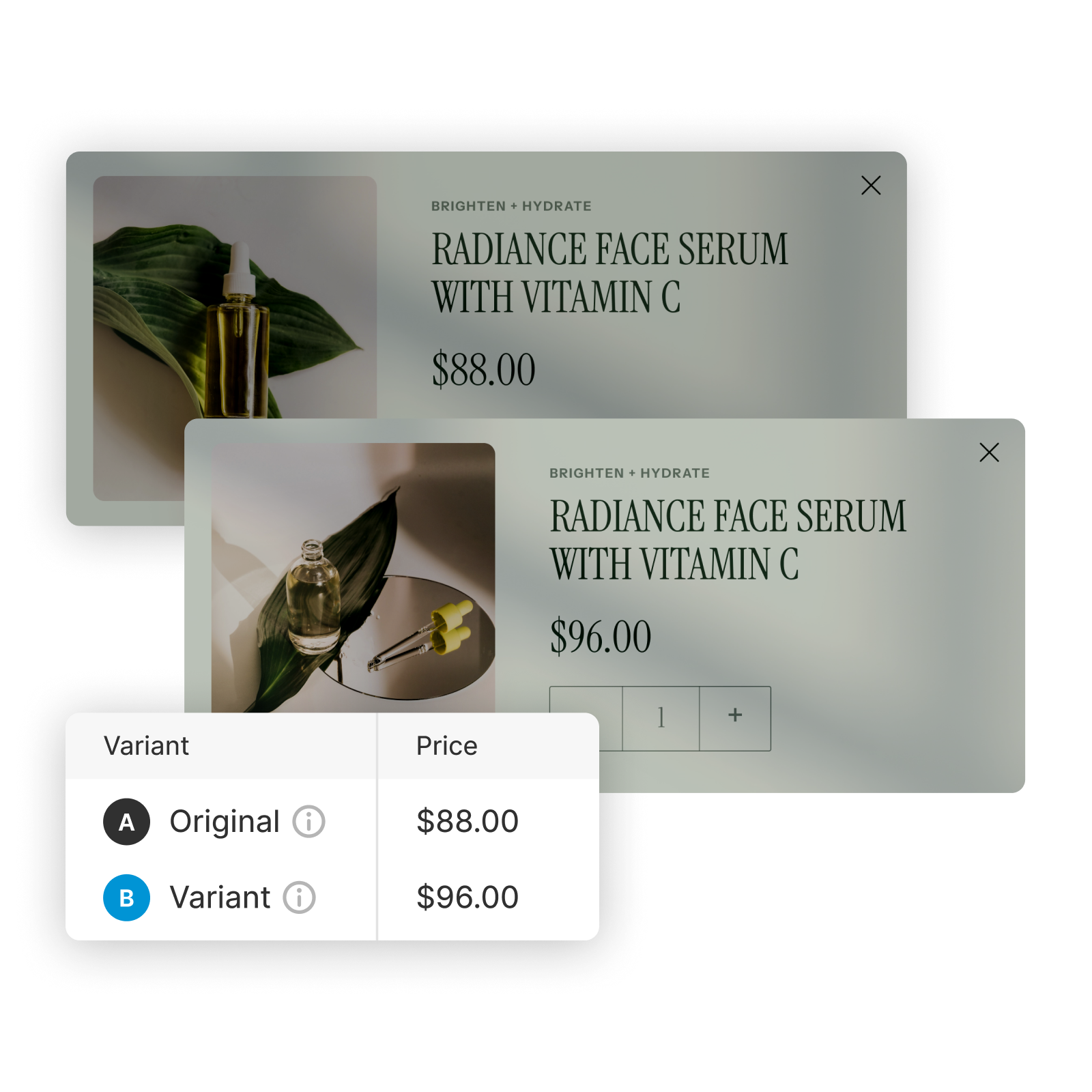 Two radiance face serum product cards, prices $88 and $96, and a variant price table.