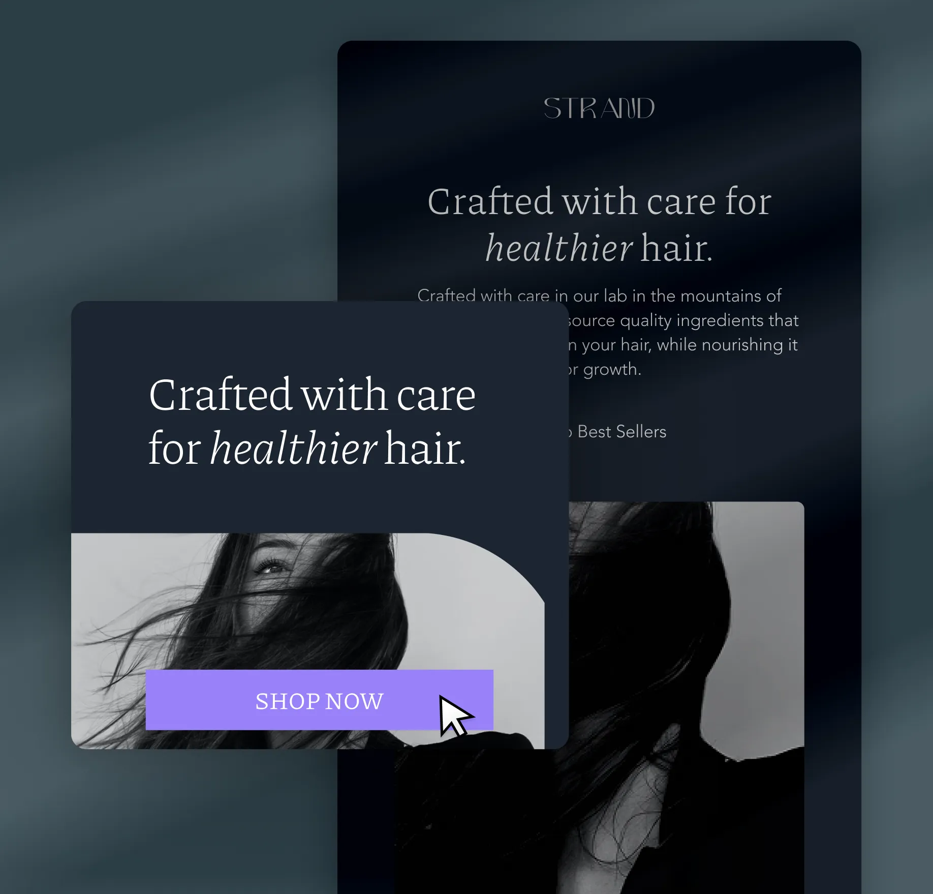 An ecommerce ad for a haircare brand in the foreground with a corresponding mobile landing page in the background
