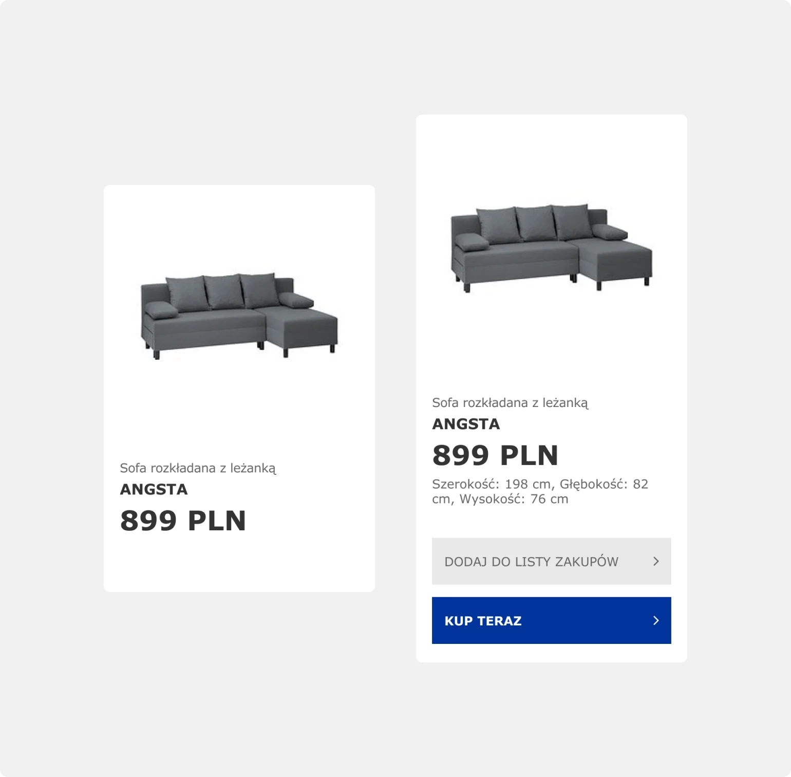 IKEA product card in the grid and on hover, revealing dimensions and actions
