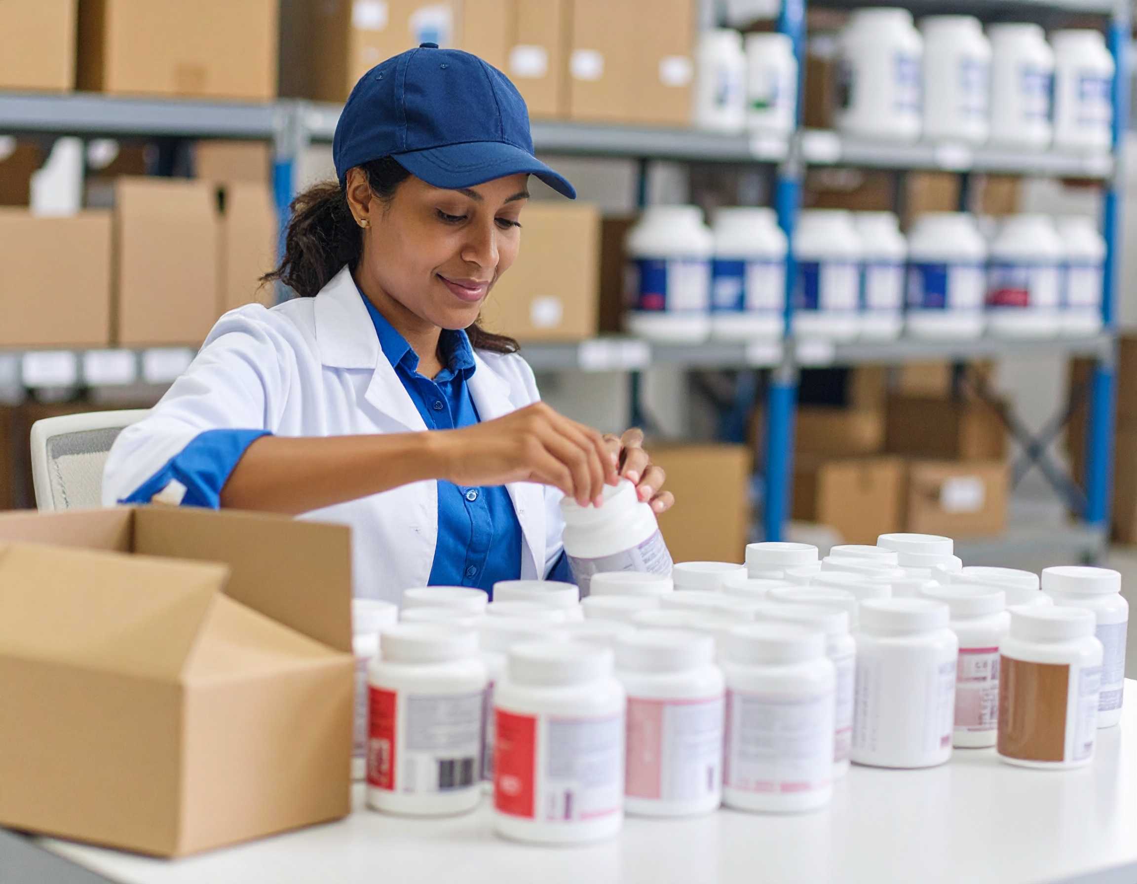 Lady hand labelling nutraceuticals and health supplement containers