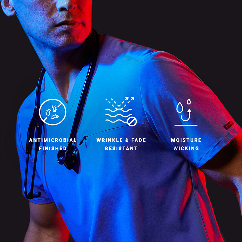 Man in blue medical scrubs wearing stethoscope posed as running in dark lighting with red and blue highlights.