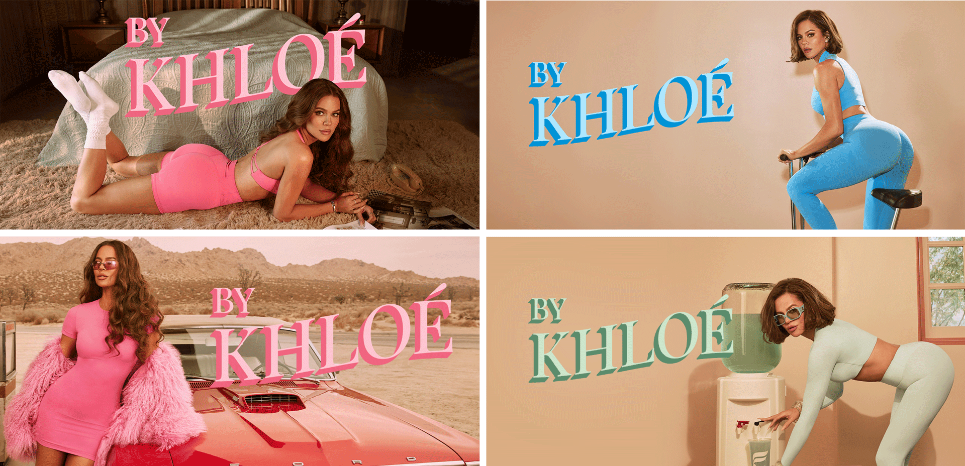 Collage of a woman in pink, blue, and mint activewear posing indoors and outdoors with text 'BY KHLOÉ'.