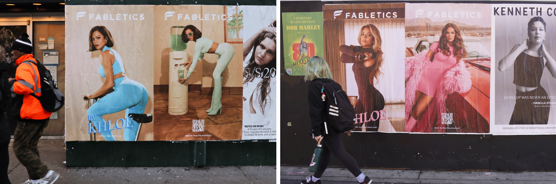 Street view of diverse fashion posters with models in colorful activewear and bold poses.