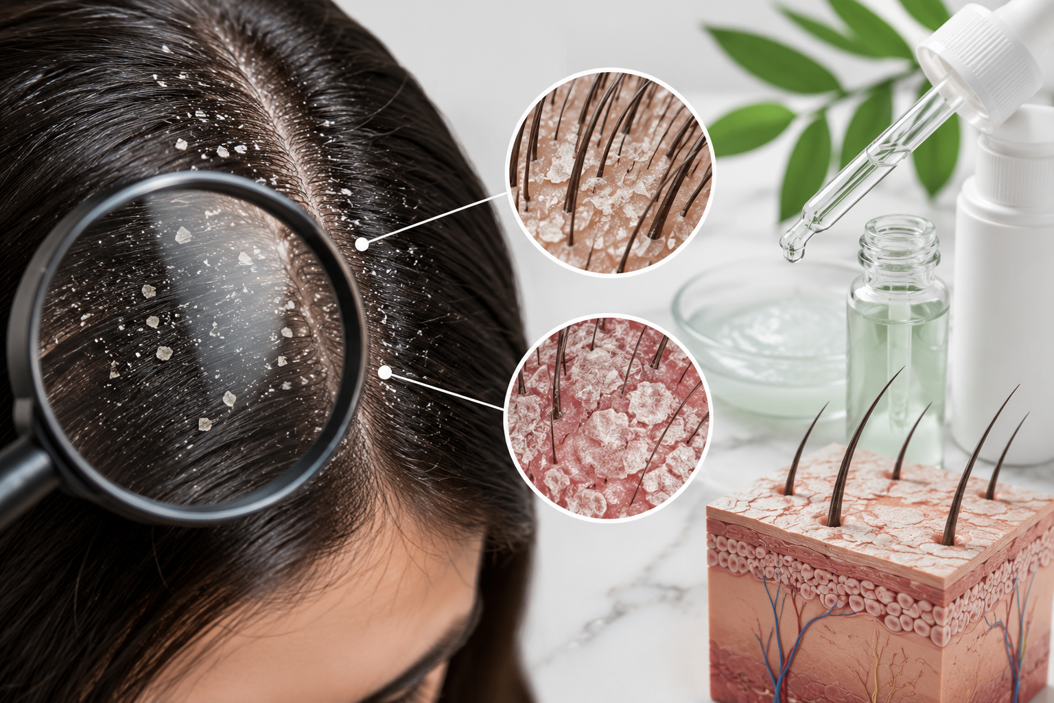 Medical illustration showing dandruff and scalp psoriasis on the scalp with close-up views of skin flakes, inflamed plaques, and dermatology treatment concepts.