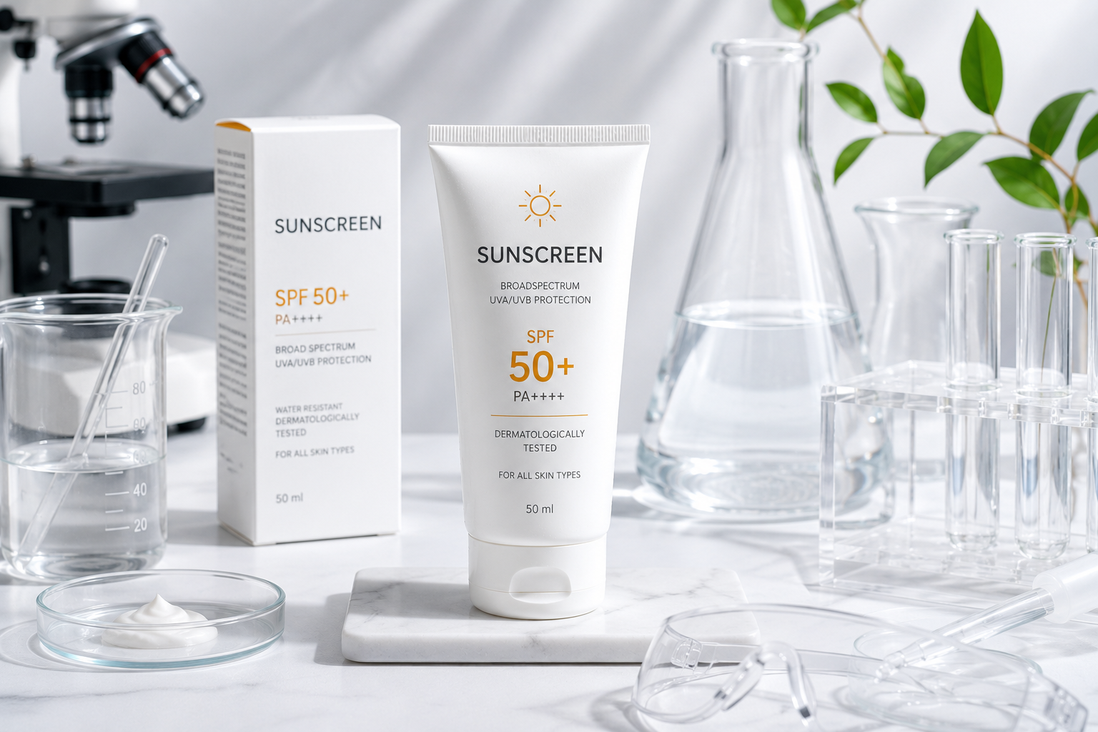 Clinical sunscreen tube with SPF protection and skincare lab setup.