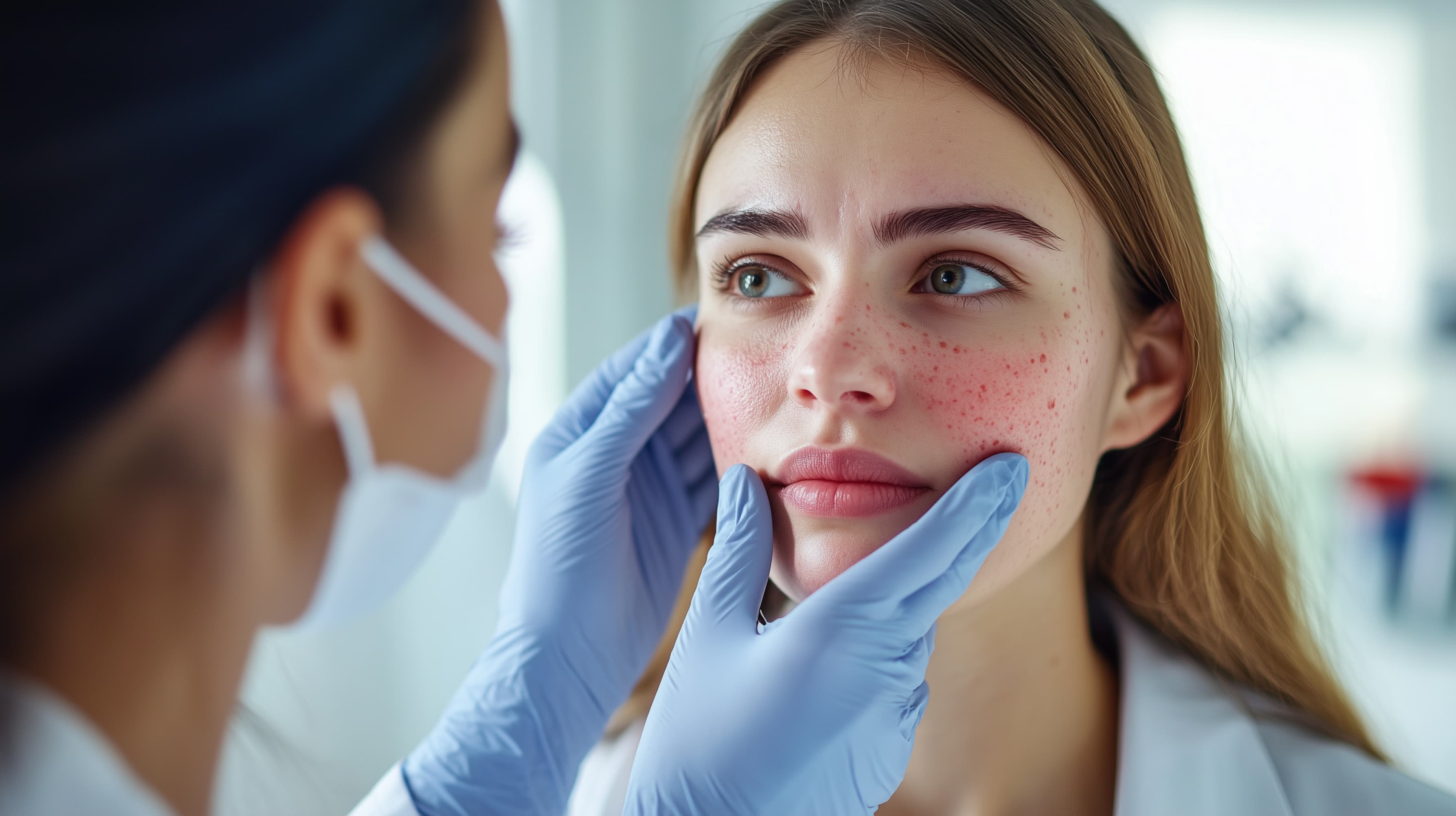 Dermatologist examining facial rosacea with visible redness and inflammation during a skin consultation.
