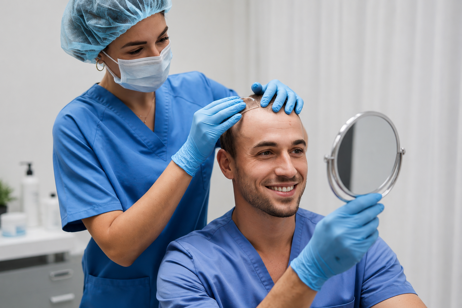 Hair transplant consultation and PRP hair restoration treatment for hair loss in a clinic.