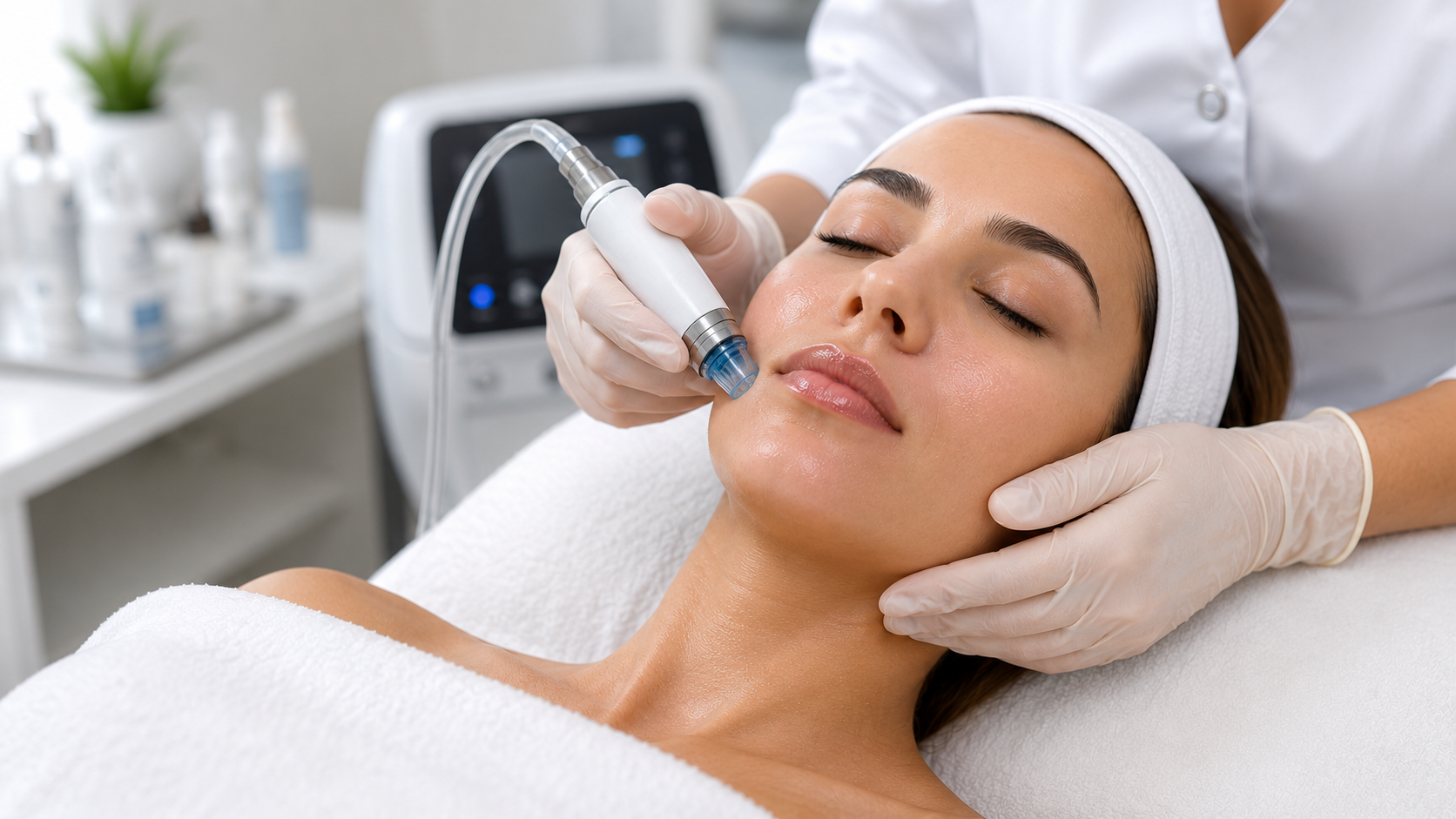 Dermatologist performing an advanced in-clinic treatment to reduce open pores and improve skin texture.